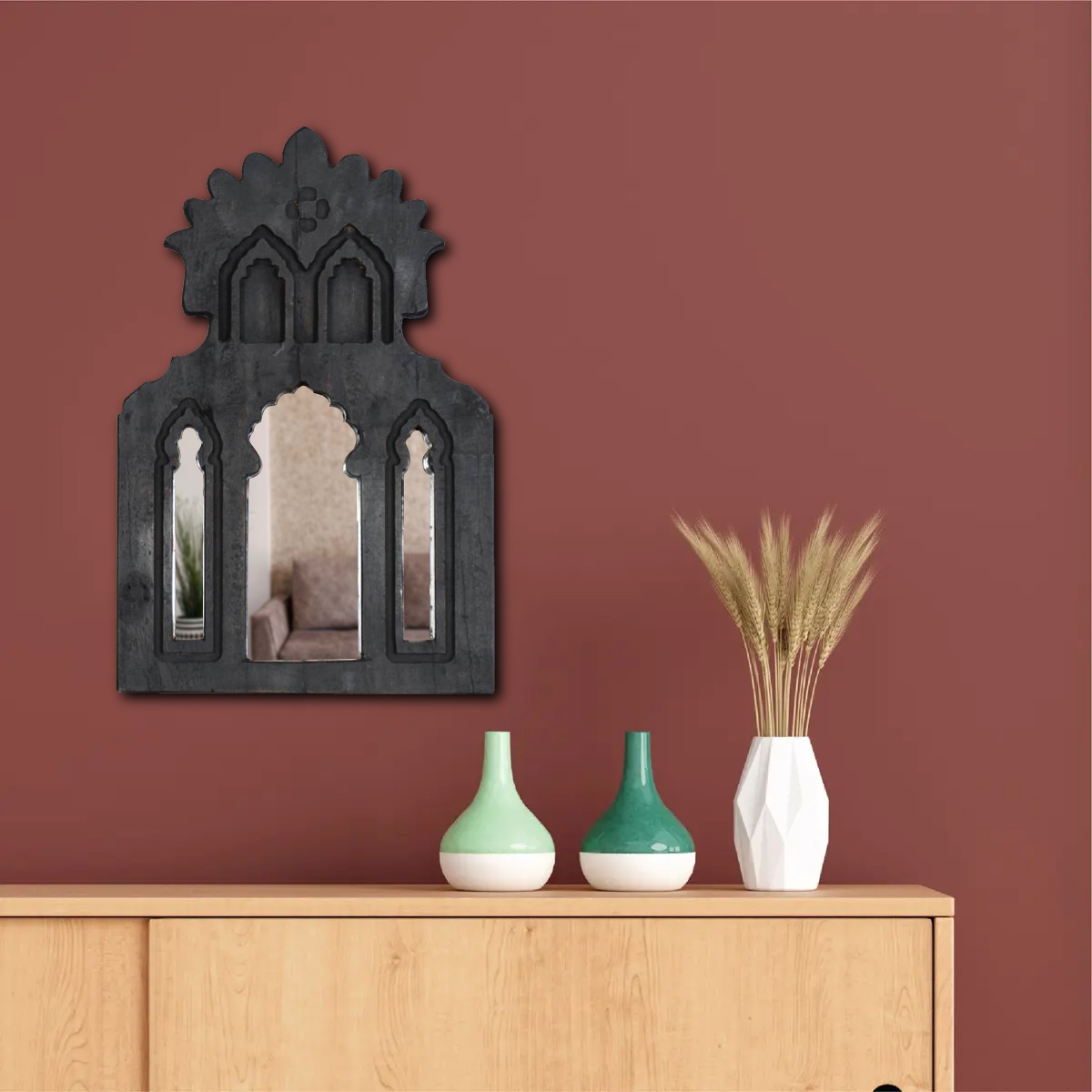 Vintage wooden wall mirror with handcrafted frame for cosy living room decor