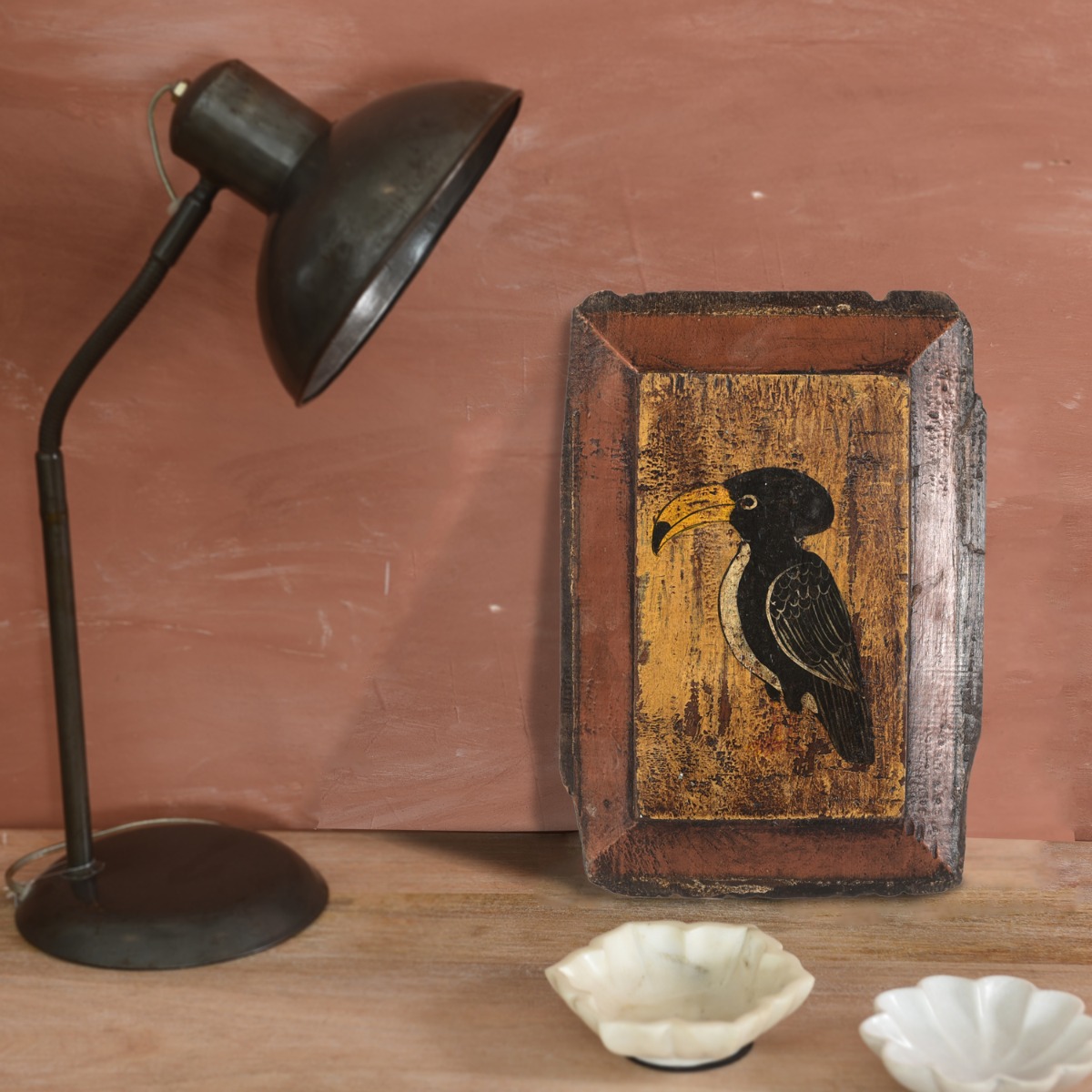 Vintage wooden wall frame with hand-painted colorful toucan motif