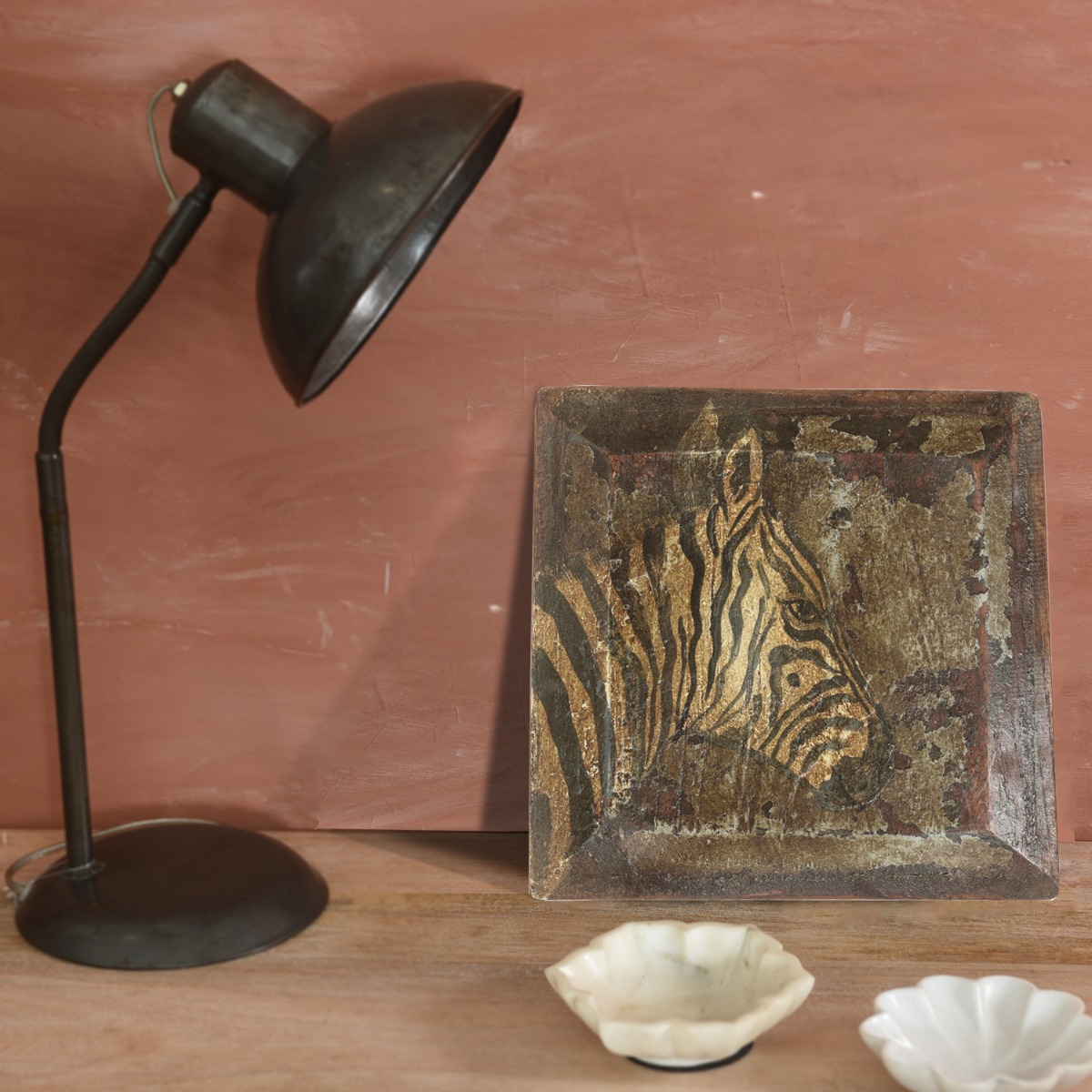 Vintage wooden wall frame featuring handprinted zebra artwork