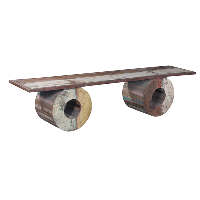 Decorative reclaimed wood bench with circular supports and rustic appeal