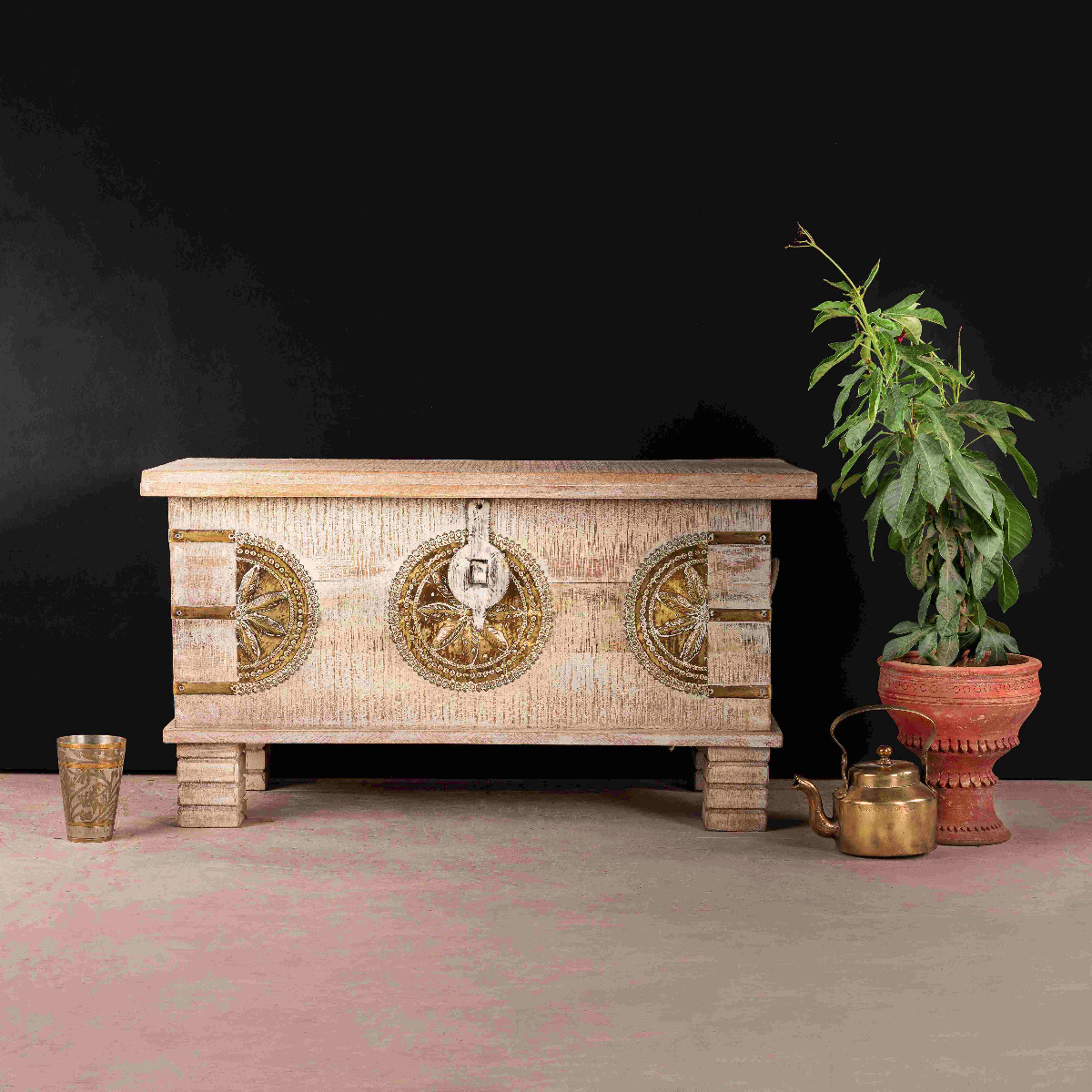 Alastair vintage wooden trunk with rustic finish used as decorative storage