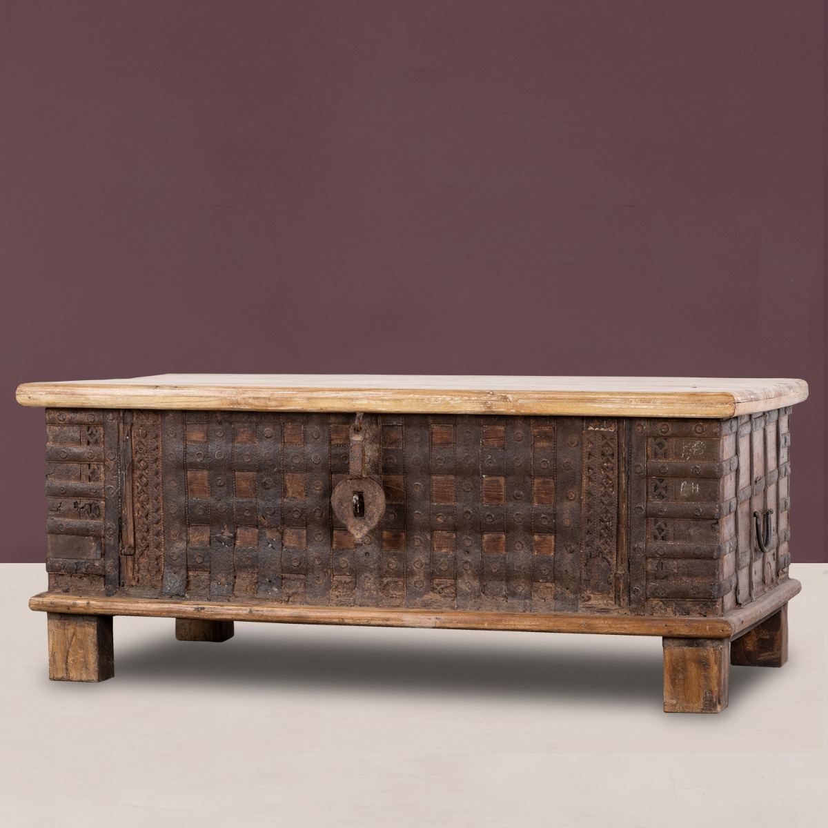 Euadne wooden trunk with rustic appeal styled as a vintage home decor accent