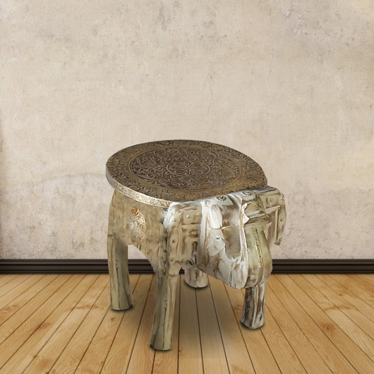 Palani wooden elephant stool with detailed carving and rustic charm