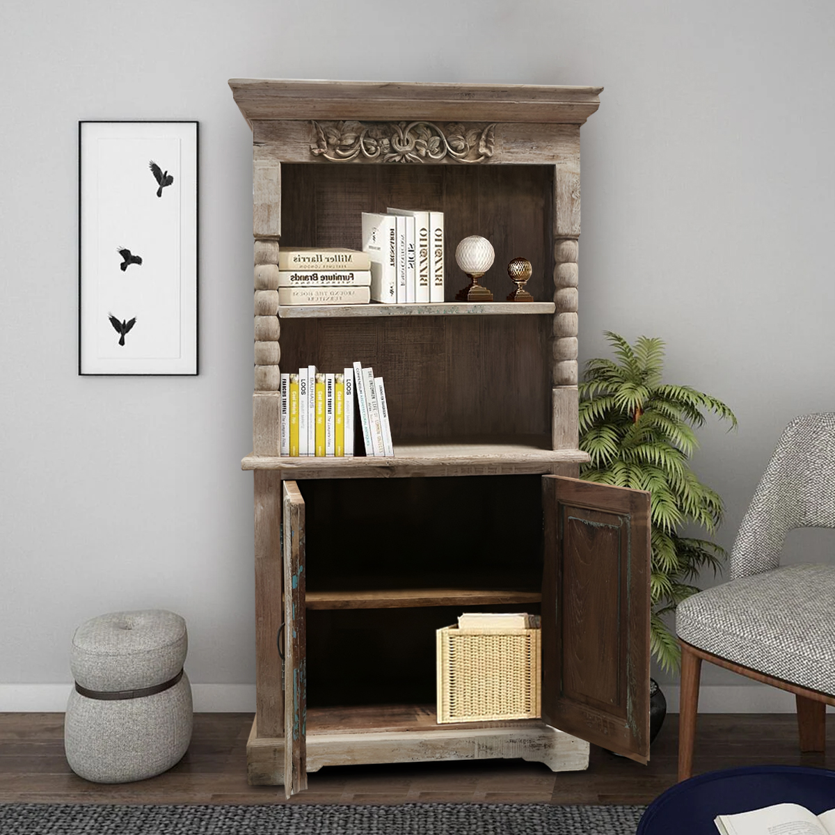 Handcrafted wooden bookshelf with open shelving design