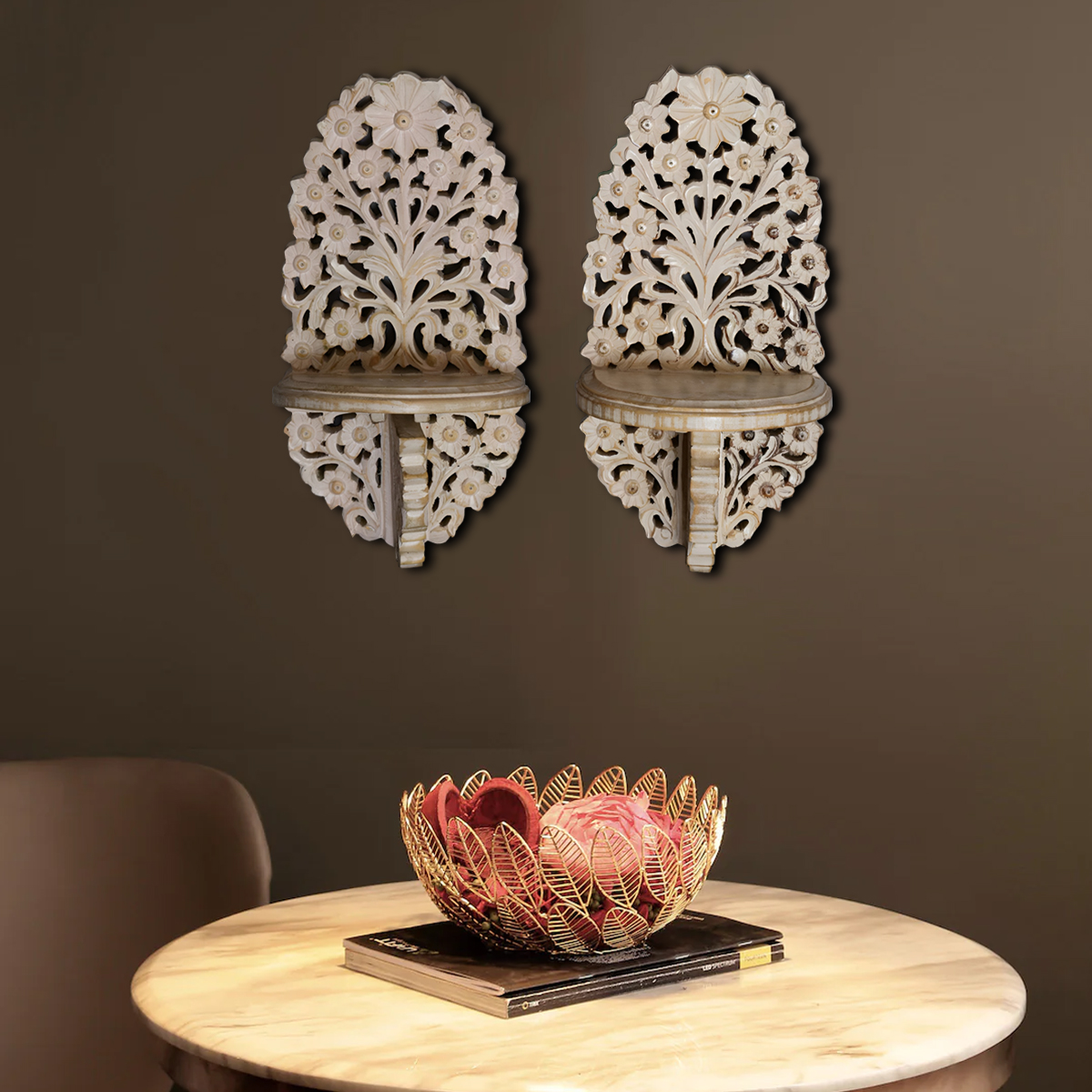 Wooden wall shelf combining storage and decorative appeal